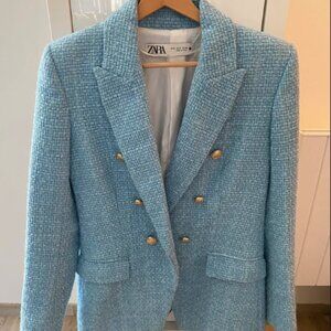 Zara Light Blue Tweed Double-Breasted Blazer with Gold Buttons